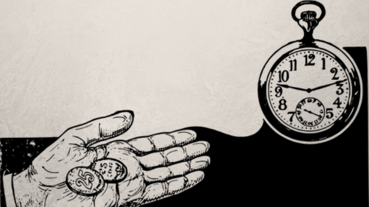 a hand holding 2 coins in front of a clock
